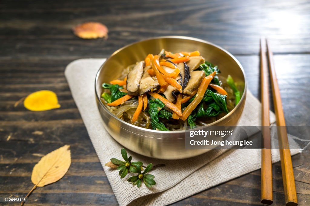 Korean stir-fried glass noodles (japchae)