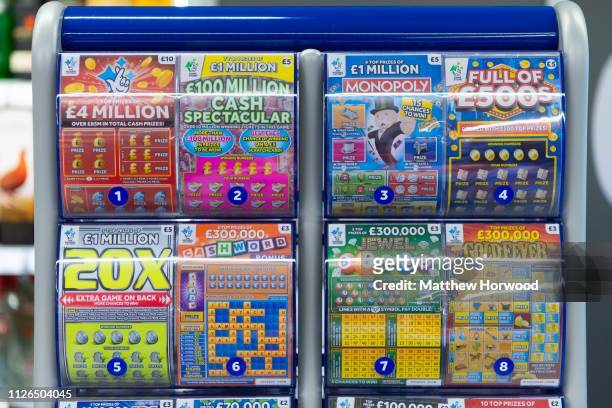 National Lottery scratchcards for sale in a newsagent store on January 4, 2019 in Cardiff, United Kingdom.