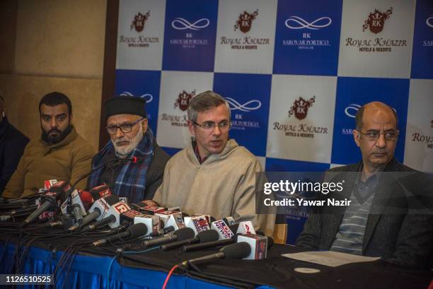 Omar Abdullah, former Chief Minister of Jammu and Kashmir, addresses a press conference on February 21, 2019 in Srinagar, the summer capital of...