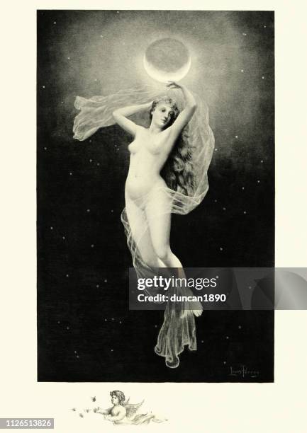 greek mythology, phoebe, titan associated with the moon - vintage woman painting stock illustrations