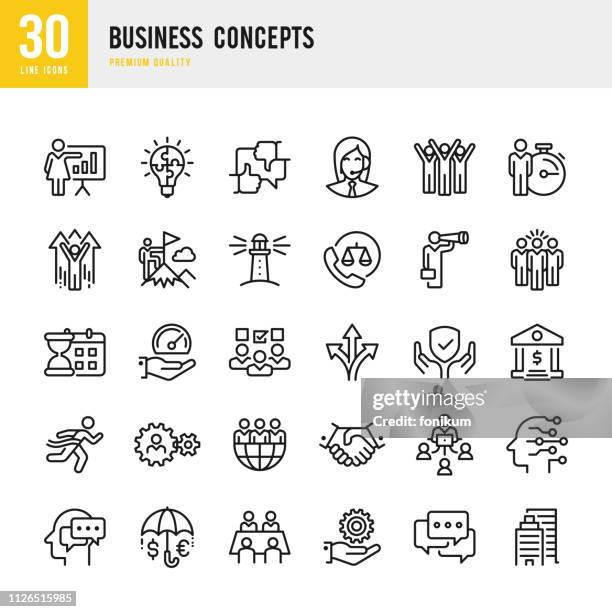 business-konzepte - linie vektor-icons set - handshaking in a bank stock-grafiken, -clipart, -cartoons und -symbole