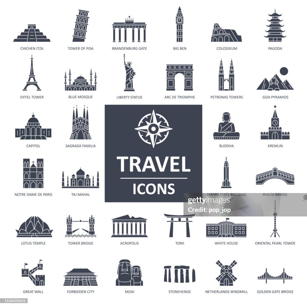 Reizen Landmark Icons - dunne lijn Vector