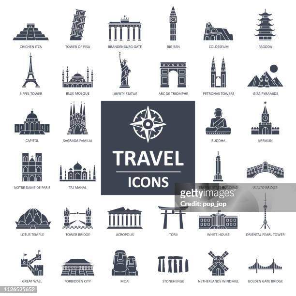 stockillustraties, clipart, cartoons en iconen met reizen landmark icons - dunne lijn vector - internationaal monument
