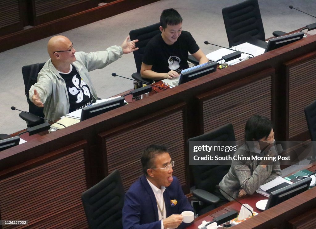 (Back row, L to R) Lawmakers Albert Chan Wai-yip, Raymond Chan Chi-chuen, (front row, L to R) Michael Tien Puk-sun and Regina Ip Lau Suk-yee, attend Legislative Council meeting at Legco Building in Tamar. 28NOV14