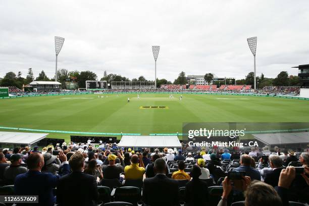 General view of the first delivery of the day and the first ever delivery during a Test match in Canberra on day one of the Second Test match between...