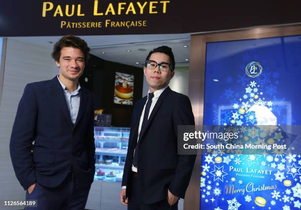 Paul Lafayet Patisserie Francaise Assistant Director Merwann Younes and Area Manager Simon Chan Sai-man, pose for picture at Hysan Place in Causeway...