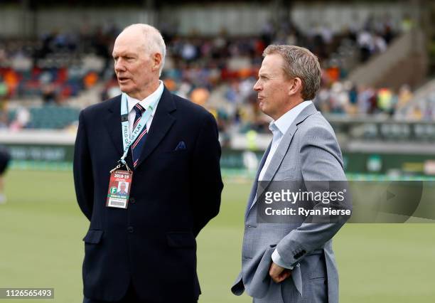 Australian Selector Greg Chappell speaks with Cricket Australia CEO Kevin Roberts, during day one of the Second Test match between Australia and Sri...