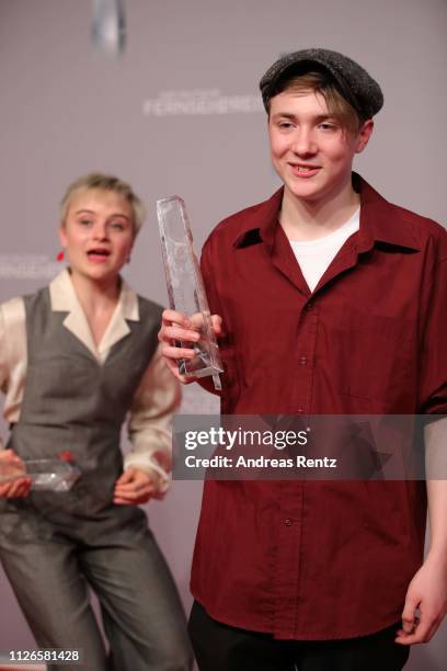 Michelangelo Fortuzzi pose his awards as best newcomer during the German Television Award at Rheinterrasse on January 31, 2019 in Duesseldorf,...