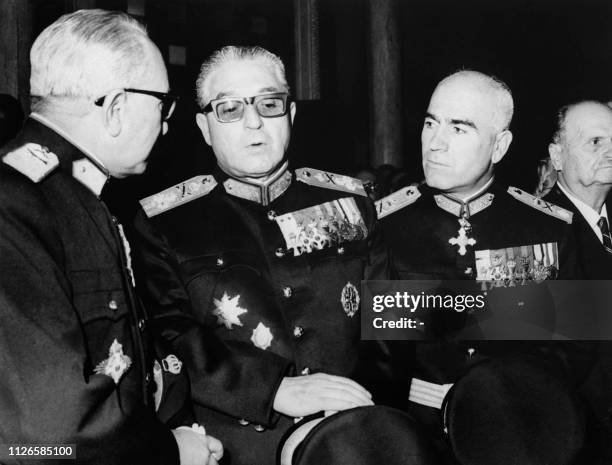 Picture dated 17 May 1967 of Prime Minister Grigorios Spantidakis , Defense minister Georges Zoitakis , and Interior minister Stylianos Pattakos . On...