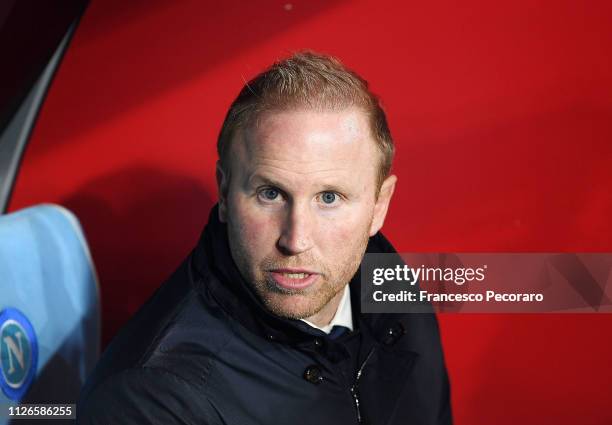 Coach of FC Zurich Ludovic Magnin looks on during the UEFA Europa League Round of 32 Second Leg match between SSC Napoli v FC Zurich at Stadio San...