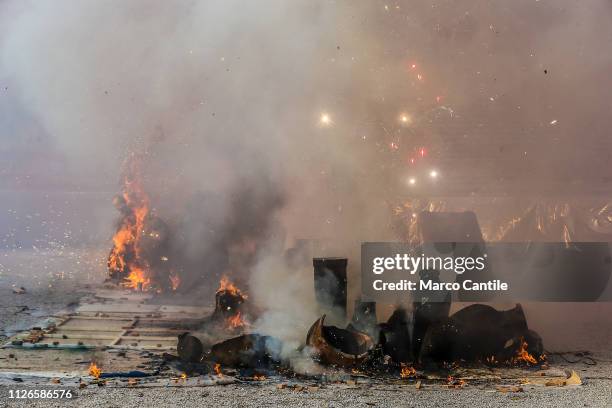 The moment of the explosion of the artistic performance "In The Volcano", by the artist Cai Guo Qiang, in the amphitheater of the archaeological...