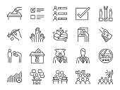 Election line icon set. Included icons as vote, campaign, candidates, ballot, elect and more.