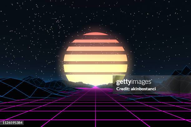 80s retro sci-fi futuristic abstract background - mars landscape stock illustrations