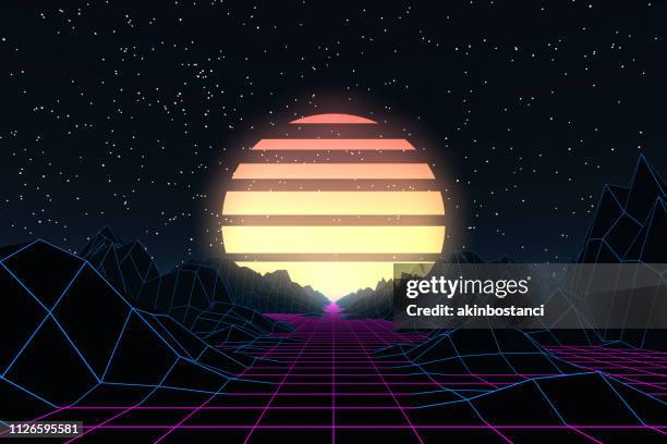 80s retro sci-fi futuristic abstract background - mars landscape stock illustrations