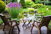 Garden furniture near the pond