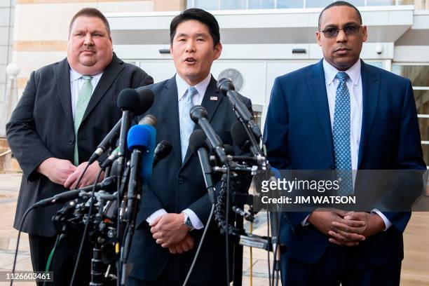 Attorney for Maryland Robert Hur speaks with FBI Special Agent In Charge of the Baltimore Field Office Gordon Johnson and US Coast Guard Investigator...