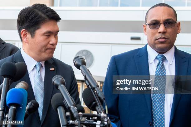 Attorney for Maryland Robert Hur speaks with FBI Special Agent In Charge of the Baltimore Field Office Gordon Johnson outside the US Court House in...