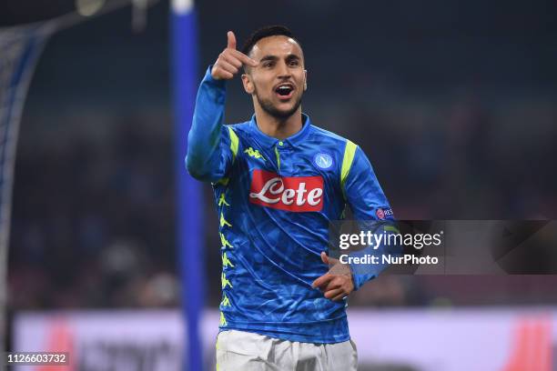 Adam Ounas of SSC Napoli celebrates after scoring 2-0 during the UEFA Europa League Round of 32 Second Leg match between SSC Napoli and FC Zurich at...