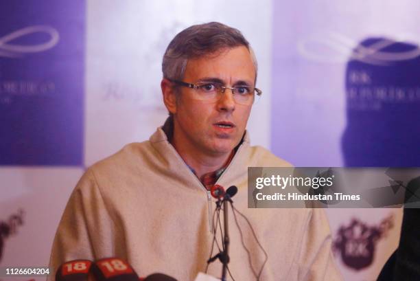 Former chief minister of Jammu and Kashmir Omar Abdullah addresses a press conference on February 21, 2019 in Srinagar, India.