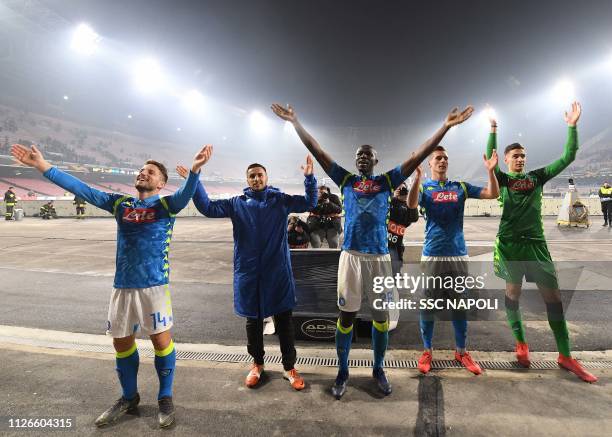 Dries Mertens, Kalidou Koulibaly, Adam Ounas and Alex Meret of Napoli celebrate after the UEFA Europa League Round of 32 Second Leg match between SSC...