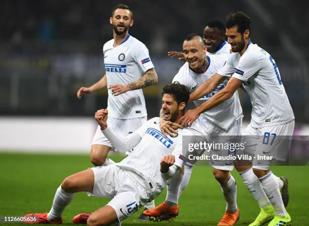 Andrea Ranocchia of FC Internazionale celebrates after scoring the second goal during the UEFA Europa League Round of 32 Second Leg match between FC...