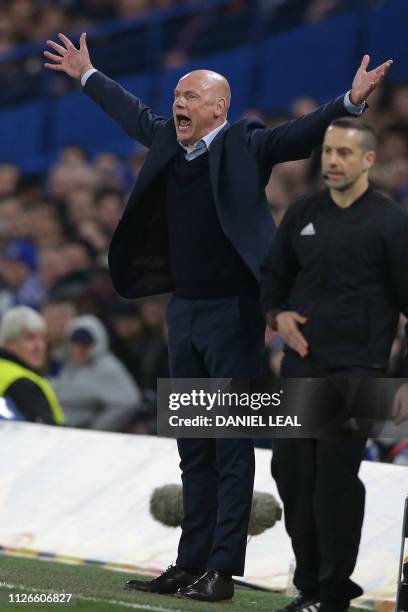 Malmö FF's German coach Uwe Rosler gestures on the touchline during the UEFA Europa League round of 32, 2nd leg football match between Chelsea and...
