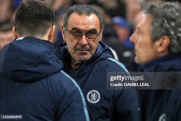 Chelsea's Italian head coach Maurizio Sarri arrives for the UEFA Europa League round of 32, 2nd leg football match between Chelsea and Malmo at...