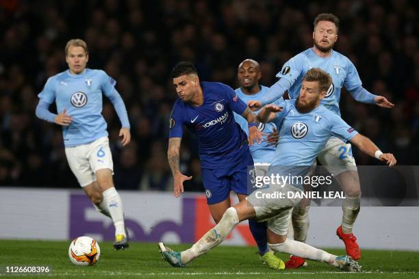 Malmö FF's Swedish defender Rasmus Bengtsson fouls Chelsea's Brazilian-Italian defender Emerson Palmieri and subsequently receives a second yellow...