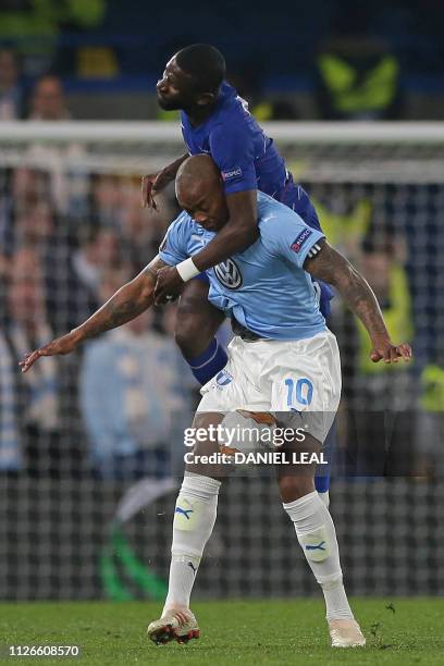 Chelsea's German defender Antonio Rudiger vies with Malmö FF's Swedish striker Carlos Strandberg during the UEFA Europa League round of 32, 2nd leg...