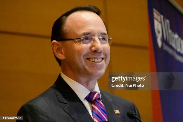 Deputy Attorney General Rod Rosenstein delivers remarks at Warton School of the University or Pennsylvania, in Philadelphia, PA, USA, on February 21,...