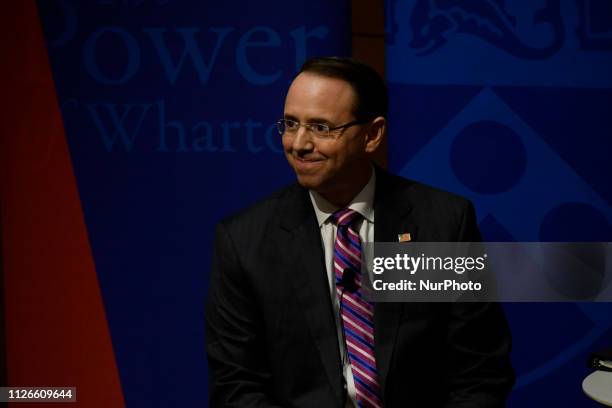 Deputy Attorney General Rod Rosenstein delivers remarks at Warton School of the University or Pennsylvania, in Philadelphia, PA, USA, on February 21,...