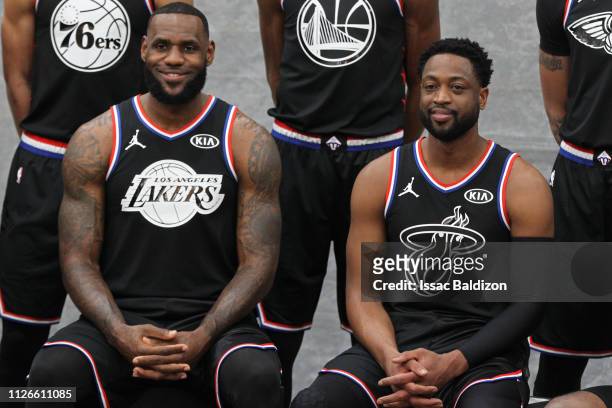 LeBron James and Dwyane Wade of Team LeBron pose for a portrait during the 2019 NBA All-Star Game on February 17, 2019 at the Spectrum Center in...
