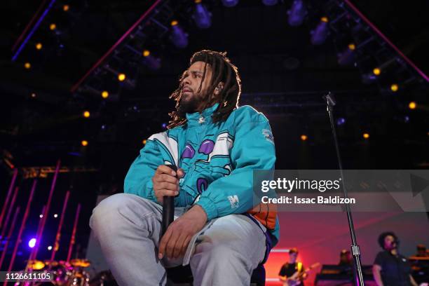Rapper, J. Cole, performs during the 2019 NBA All-Star Game on February 17, 2019 at the Spectrum Center in Charlotte, North Carolina. NOTE TO USER:...