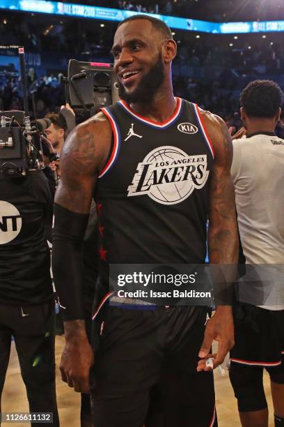 LeBron James of Team LeBron smiles after the 2019 NBA All-Star Game on February 17, 2019 at the Spectrum Center in Charlotte, North Carolina. NOTE TO...