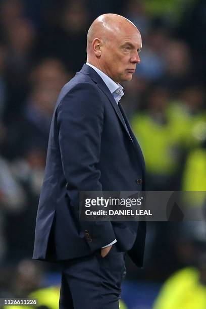 Malmö FF's German coach Uwe Rosler watches from the touchline during the UEFA Europa League round of 32, 2nd leg football match between Chelsea and...