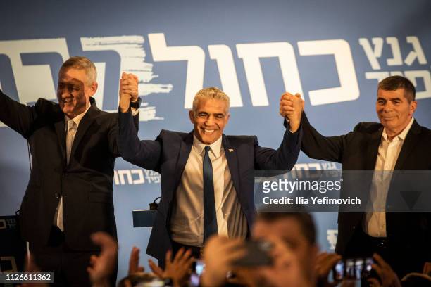 Benny Gantz and Yair Lapid seen on stage during the announcement of the new Blue and White Alliance on February 21, 2019 in Tel Aviv, Isreal. Benny...