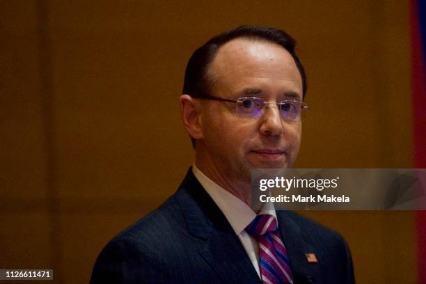 Deputy Attorney General Rod J. Rosenstein speaks at the Wharton School at the University of Pennsylvania on February 21, 2019 in Philadelphia,...