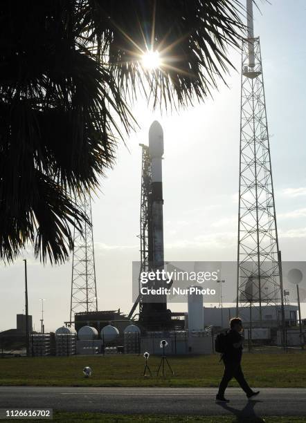 SpaceX Falcon 9 rocket stands ready for launch on February 21, 2019 at pad 40 at Cape Canaveral Air Force Station in Florida. The rocket's payload...