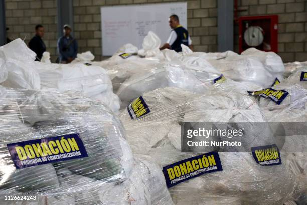 View of humanitarian aid for Venezuela inside a warehouse at the Tienditas International Bridge in Cucuta, Colombia, on the border with Venezuela, on...