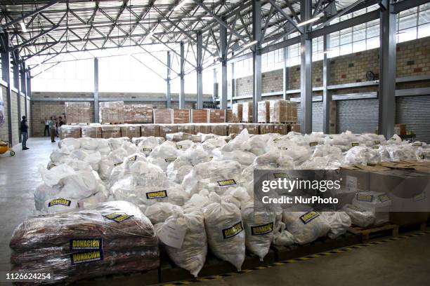 View of humanitarian aid for Venezuela inside a warehouse at the Tienditas International Bridge in Cucuta, Colombia, on the border with Venezuela, on...