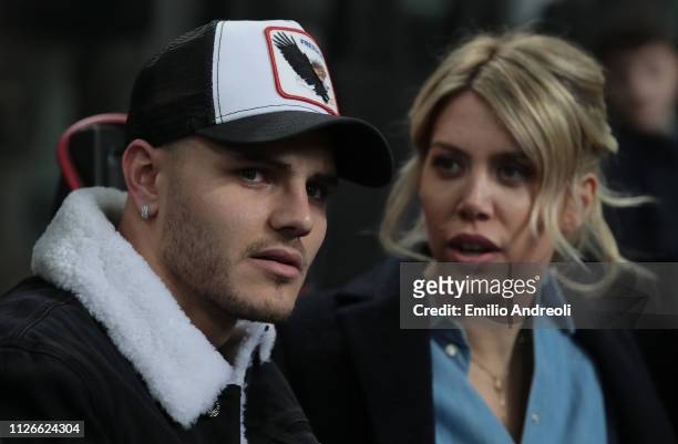 Mauro Emanuel Icardi of FC Internazionale and his wife Wanda Nara attend the UEFA Europa League Round of 32 Second Leg match between FC...