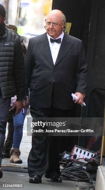 Russell Crowe, in costume as Roger Ailes, is seen on the set of "The Loudest Voice in the Room" on February 21, 2019 in New York City.
