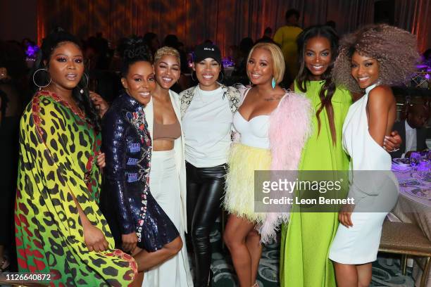 Claire Sulmers, June Ambrose, Meagan Good, La'Myia Good, Eva Marcille, guest, and Yaya DaCosta attend the 2019 Essence Black Women in Hollywood...