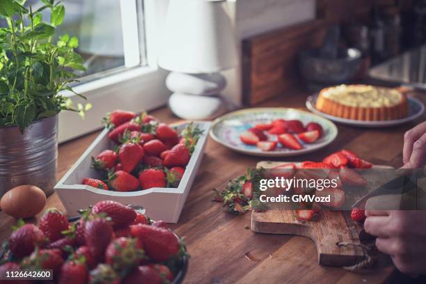 preparing strawberry tart with vanilla cream - berry fruit stock pictures, royalty-free photos & images