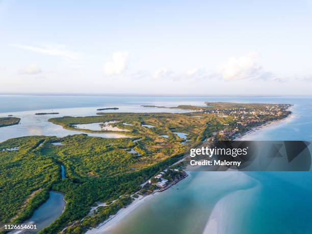 island aerial view: mexico, island holbox and the ocean. - lagon photos et images de collection