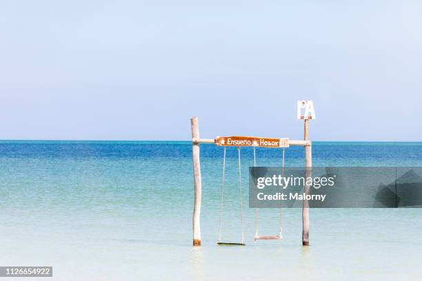 beach swing in the water - holbox island stockfoto's en -beelden