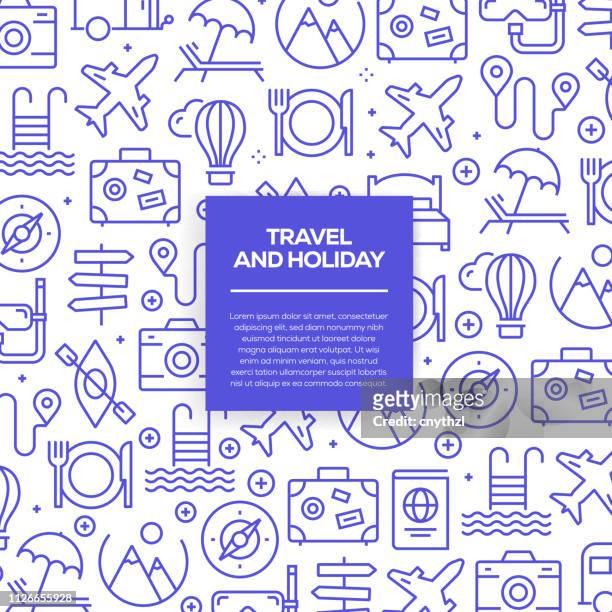 stockillustraties, clipart, cartoons en iconen met vector set van ontwerpsjablonen en elementen voor vakantie- en reisinformatie in trendy lineaire stijl - naadloze patronen met lineaire pictogrammen aan vakantie- en reisinformatie - vector gerelateerde - destination de voyage