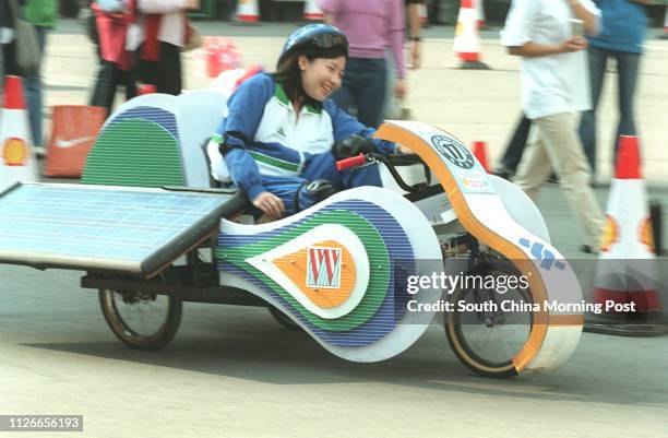 Solar cart race in a fun exhibition on sustainable development by Friends of the Earth at Southorn Playground in Wan Chai.