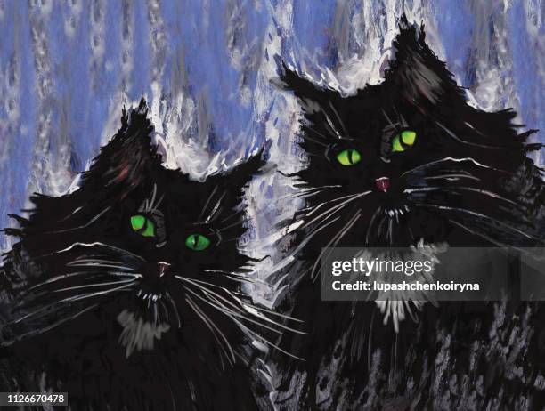 fashionable illustration modern artwork impressionism my original painting gouache acrylic  horizontal portrait of a couple black domestic cat with green eyes - black cat green eyes stock illustrations