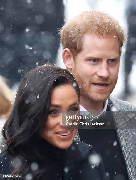 Meghan, Duchess of Sussex and Prince Harry, Duke of Sussex arrive at the Bristol Old Vic on February 01, 2019 in Bristol, England. The Duke and...